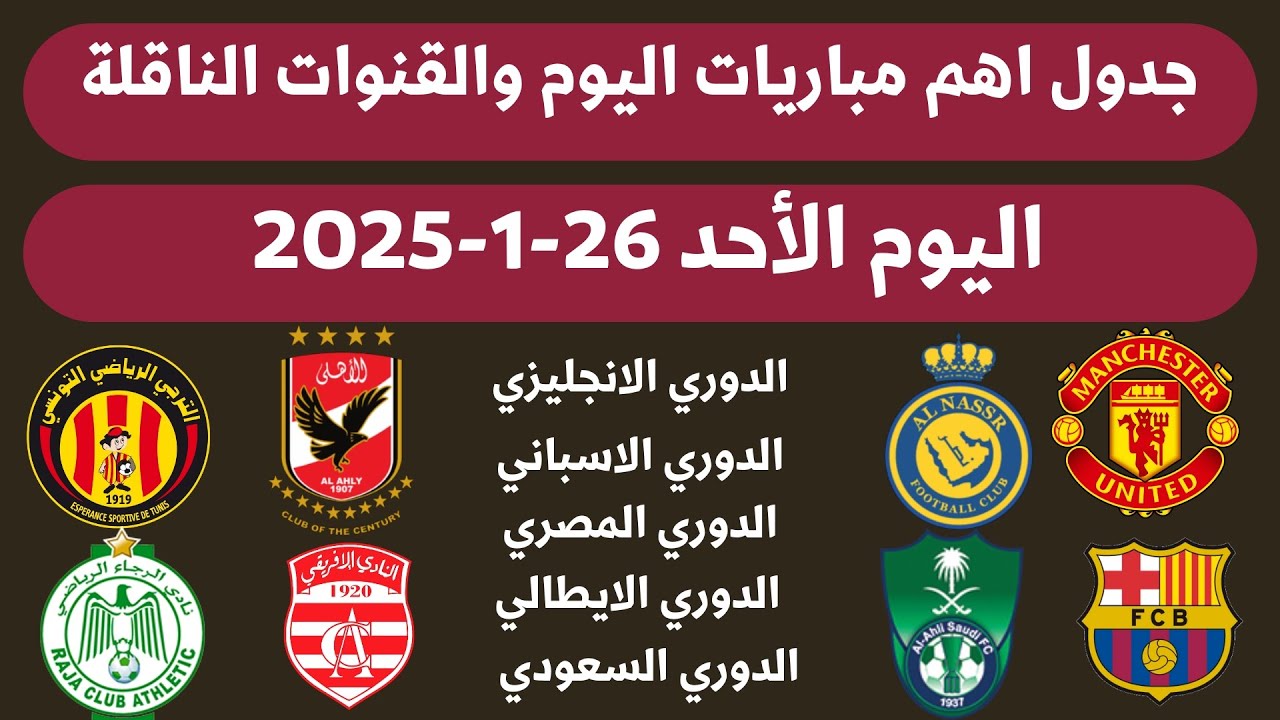 جدول مباريات اليوم الاحد 26-1-2025 والقنوات الناقلة