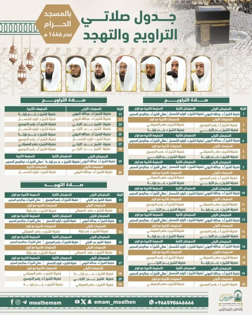 جدول صلاة التراويح في الحرم المكي 1446
