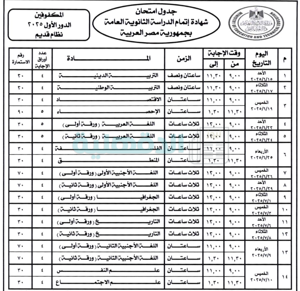 جدول الثانوية العامة 2025 (مدارس المكفوفين)